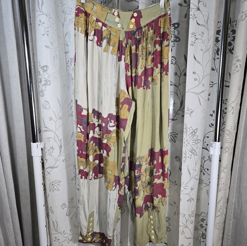 Animale by Jacques Ruc Elephant Print‎ Boho Womens Pants with Button Details M